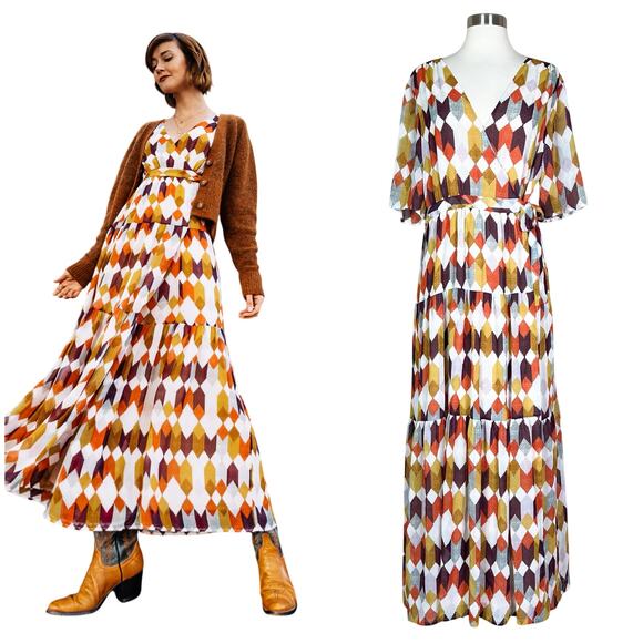 Roller Rabbit | Noma Geometric Print White Orange Short Sleeve Wrap Maxi Dress - Picture 1 of 12